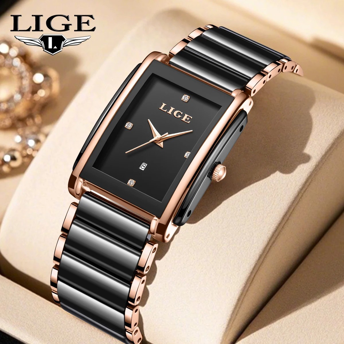 LIGE-89156 Black Watch Waterproof Fashion Creative Square Siramic Watch