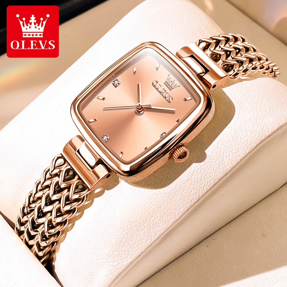 OLEVS 9951 Rose Gold Quartz Watch for Women Elegant Stainless Steel Square Watch Original Ladies Wristwatches Jewelry Set Gift Luxury