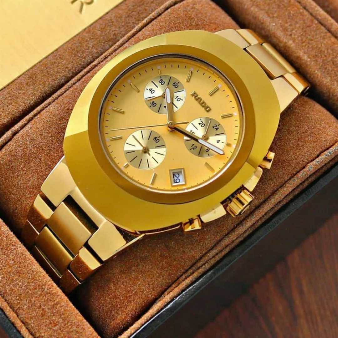 CD:001Rado Gold Dial Bluck Chronograph watch.